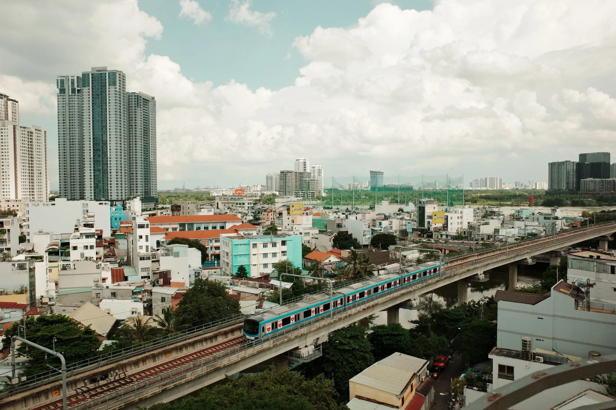 A metro train on an elevated track in Ho Chi Minh City