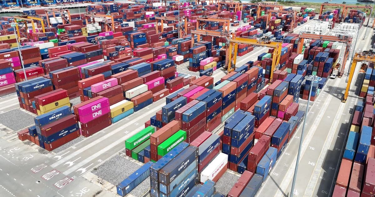 Aerial view of container stacks and cranes at Cai Mep port, Vietnam